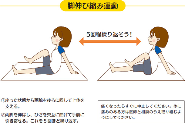 脚伸び縮み運動　5回程繰り返そう！　座った状態から両腕を後ろに回して上体を支える。　両脚を伸ばし、ひざを交互に曲げて手前に引き寄せる。これを5回ほど繰り返す。　痛くなったらすぐに中止してください。体に痛みのある方は医師と相談のうえ取り組むようにしてください。
